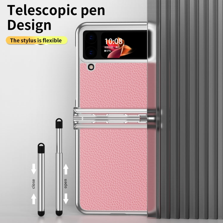 For Samsung Galaxy Z Flip4 Litchi Texture Leather Hinged Electroplated Phone Case with Pen(Silver Pink) - Galaxy Z Flip4 5G Cases by buy2fix | Online Shopping UK | buy2fix