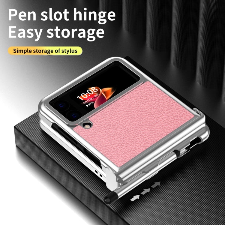 For Samsung Galaxy Z Flip4 Litchi Texture Leather Hinged Electroplated Phone Case with Pen(Silver Pink) - Galaxy Z Flip4 5G Cases by buy2fix | Online Shopping UK | buy2fix