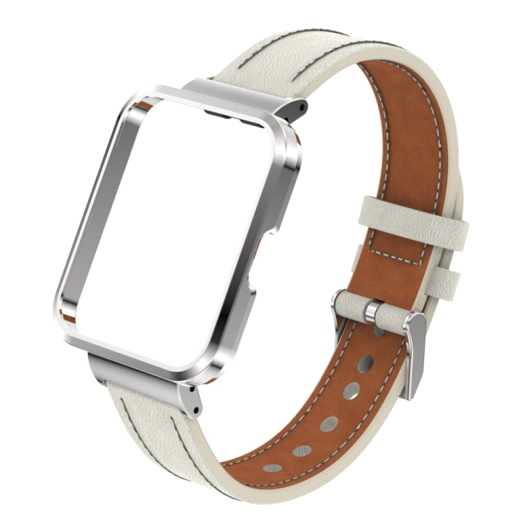 For Xiaomi Mi Watch Lite / Redmi Watch Genuine Leather Metal Case Integrated Watch Band(Warm White+Silver Case) - Watch Bands by buy2fix | Online Shopping UK | buy2fix