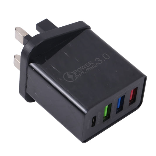 AR-2025 4 in 1 QC3.0 PD20W 3xUSB + USB-C / Type-C Wall Travel Charger, UK Plug(Black) - USB Charger by buy2fix | Online Shopping UK | buy2fix