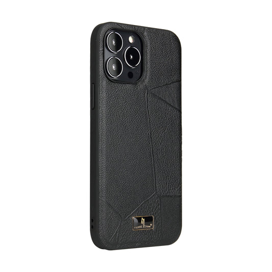 For iPhone 14 Pro Max Fierre Shann Leather Texture Phone Back Cover Case (Ox Tendon Black) - iPhone 14 Pro Max Cases by FIERRE SHANN | Online Shopping UK | buy2fix