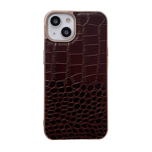 For iPhone 14 Crocodile Texture Genuine Leather Nano Electroplating Phone Case (Coffee) - iPhone 14 Cases by buy2fix | Online Shopping UK | buy2fix