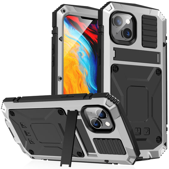 For iPhone 14 R-JUST Shockproof Waterproof Dust-proof Case with Holder (Silver)