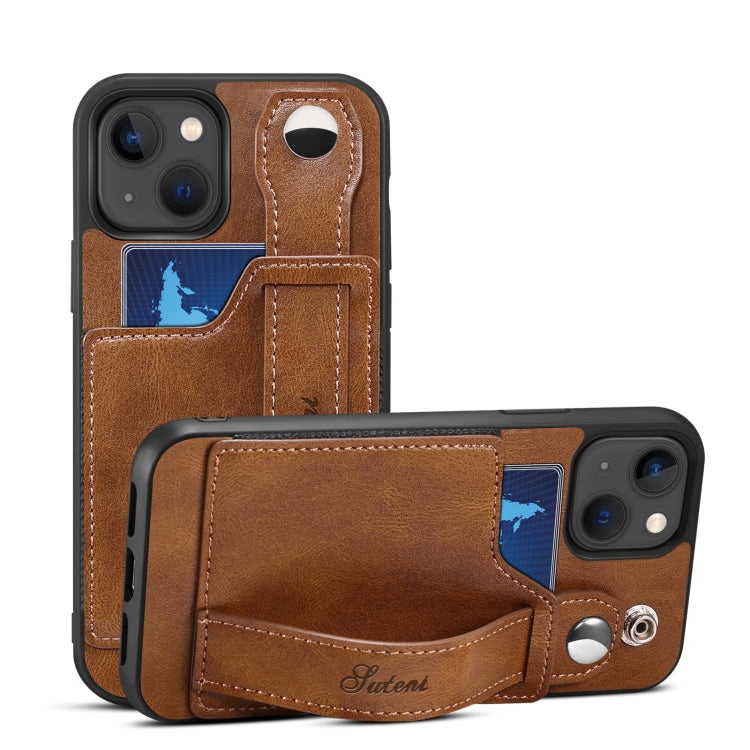 For iPhone 13 Suteni 215 Wrist Strap PU Phone Case(Brown) - iPhone 13 Cases by Suteni | Online Shopping UK | buy2fix