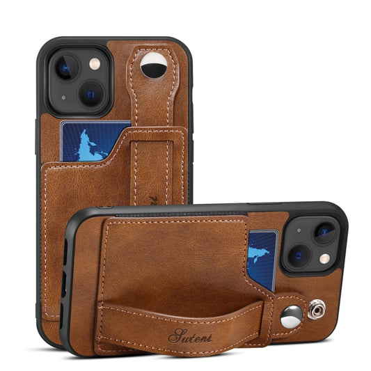 For iPhone 13 Suteni 215 Wrist Strap PU Phone Case(Brown) - iPhone 13 Cases by Suteni | Online Shopping UK | buy2fix