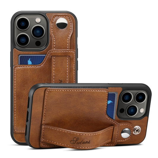 For iPhone 13 Pro Max Suteni 215 Wrist Strap PU Phone Case (Brown) - iPhone 13 Pro Max Cases by Suteni | Online Shopping UK | buy2fix