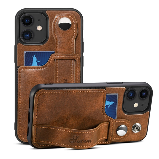 For iPhone 12 Suteni 215 Wrist Strap PU Phone Case(Brown) - iPhone 12 / 12 Pro Cases by Suteni | Online Shopping UK | buy2fix
