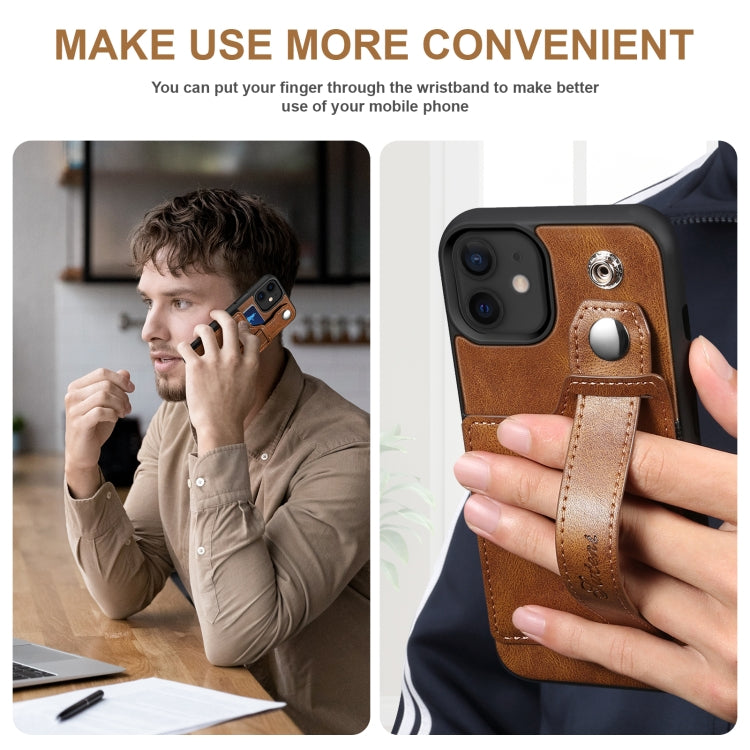 For iPhone 12 Suteni 215 Wrist Strap PU Phone Case(Brown) - iPhone 12 / 12 Pro Cases by Suteni | Online Shopping UK | buy2fix