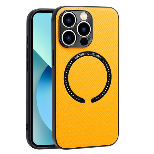 For iPhone 14 Carbon Fiber Texture MagSafe Magnetic Phone Case (Yellow) by buy2fix