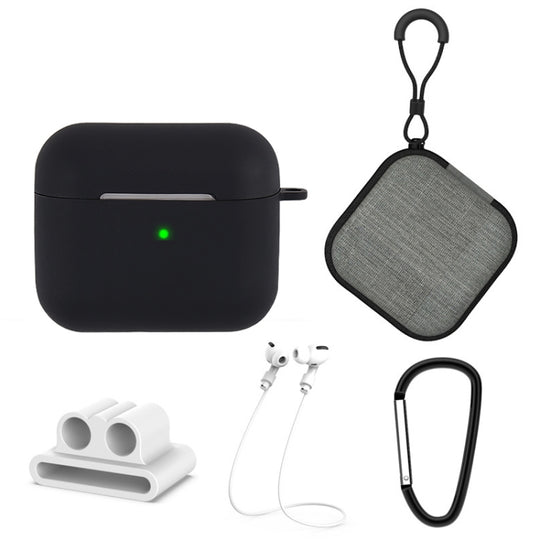 5 in 1 Silicone Earphone Protective Case + Earphone Bag + Earphones Buckle + Hook + Anti-lost Rope Set For AirPods 3(Black)
