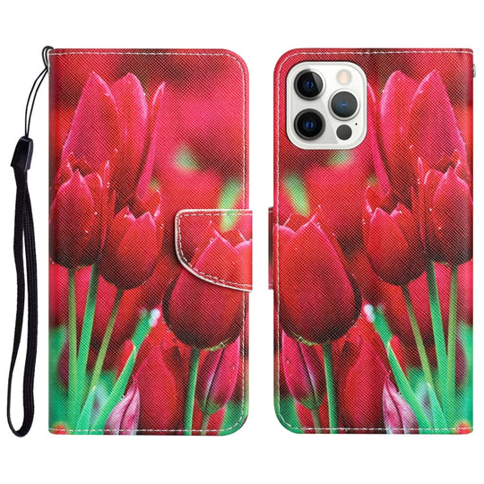 For iPhone 14 Pro Max Colored Drawing Leather Phone Case (Tulips)