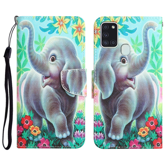 For Samsung Galaxy A21s Colored Drawing Leather Phone Case(Elephant)