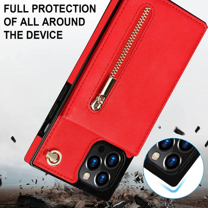 For iPhone 14 Cross-body Zipper Square Phone Case with Holder (Red) - iPhone 14 Cases by buy2fix | Online Shopping UK | buy2fix