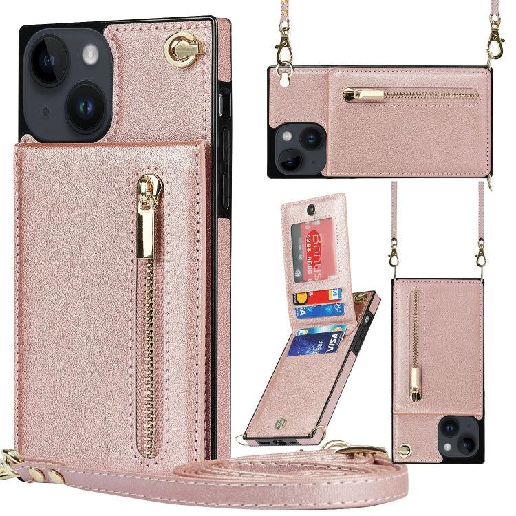 For iPhone 14 Cross-body Zipper Square Phone Case with Holder (Rose Gold) - iPhone 14 Cases by buy2fix | Online Shopping UK | buy2fix