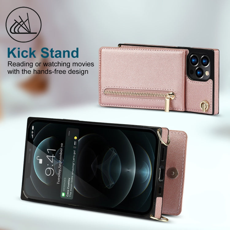 For iPhone 14 Cross-body Zipper Square Phone Case with Holder (Rose Gold) - iPhone 14 Cases by buy2fix | Online Shopping UK | buy2fix