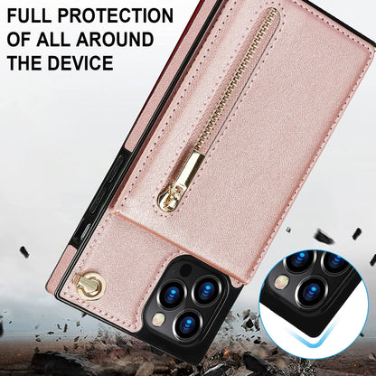For iPhone 14 Cross-body Zipper Square Phone Case with Holder (Rose Gold) - iPhone 14 Cases by buy2fix | Online Shopping UK | buy2fix
