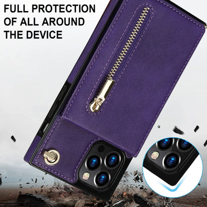 For iPhone 14 Cross-body Zipper Square Phone Case with Holder (Purple) - iPhone 14 Cases by buy2fix | Online Shopping UK | buy2fix