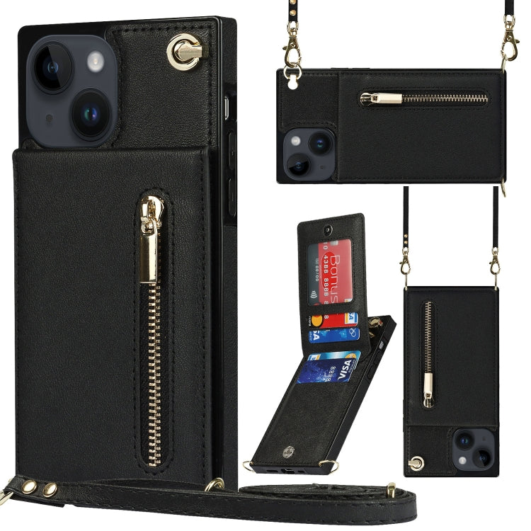 For iPhone 14 Plus Cross-body Zipper Square Phone Case with Holder (Black) - iPhone 14 Plus Cases by buy2fix | Online Shopping UK | buy2fix