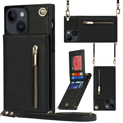 For iPhone 14 Plus Cross-body Zipper Square Phone Case with Holder (Black) - iPhone 14 Plus Cases by buy2fix | Online Shopping UK | buy2fix