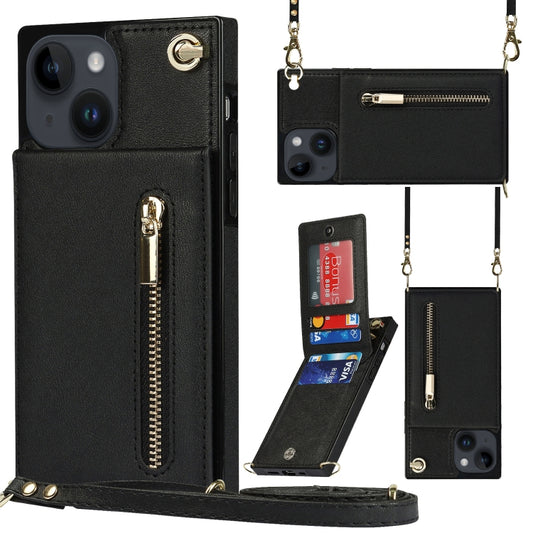 For iPhone 14 Plus Cross-body Zipper Square Phone Case with Holder (Black) - iPhone 14 Plus Cases by buy2fix | Online Shopping UK | buy2fix