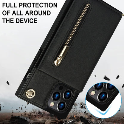 For iPhone 14 Plus Cross-body Zipper Square Phone Case with Holder (Black) - iPhone 14 Plus Cases by buy2fix | Online Shopping UK | buy2fix