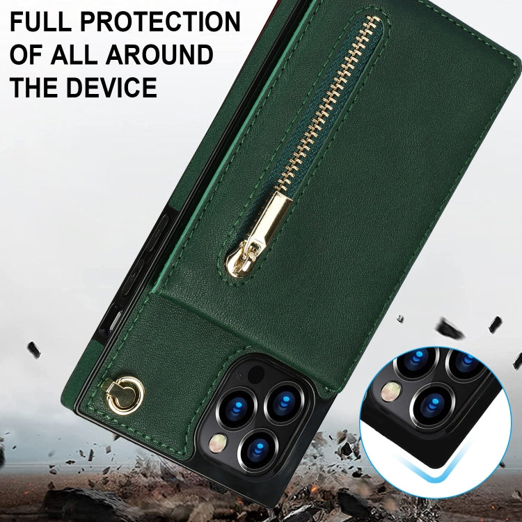 For iPhone 14 Plus Cross-body Zipper Square Phone Case with Holder (Green) - iPhone 14 Plus Cases by buy2fix | Online Shopping UK | buy2fix