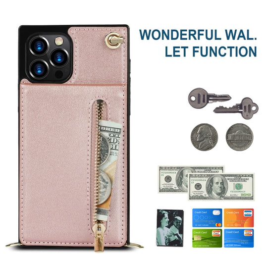 For iPhone 14 Plus Cross-body Zipper Square Phone Case with Holder (Rose Gold) - iPhone 14 Plus Cases by buy2fix | Online Shopping UK | buy2fix
