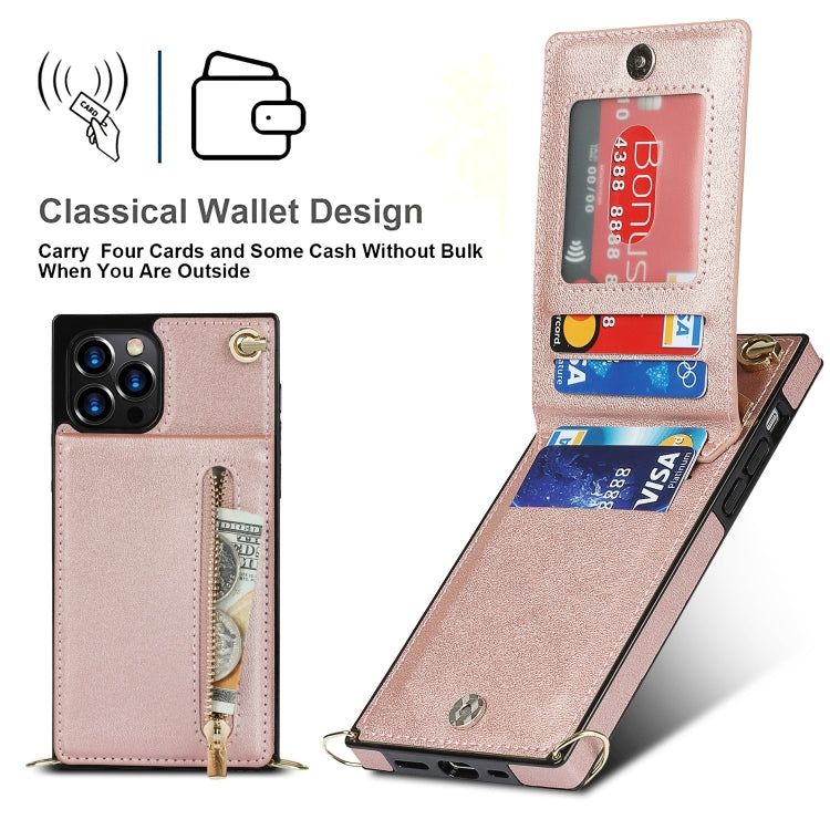 For iPhone 14 Plus Cross-body Zipper Square Phone Case with Holder (Rose Gold) - iPhone 14 Plus Cases by buy2fix | Online Shopping UK | buy2fix