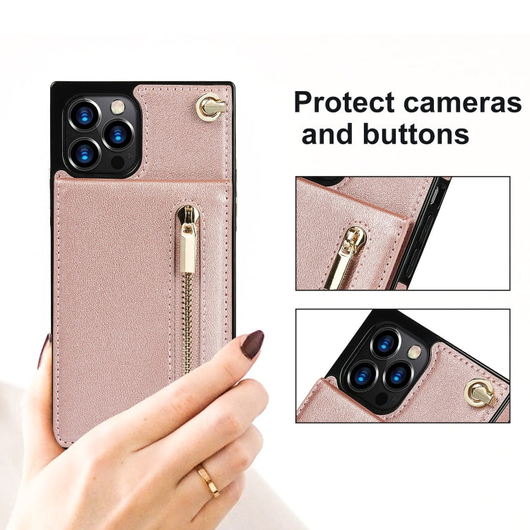 For iPhone 14 Plus Cross-body Zipper Square Phone Case with Holder (Rose Gold) - iPhone 14 Plus Cases by buy2fix | Online Shopping UK | buy2fix