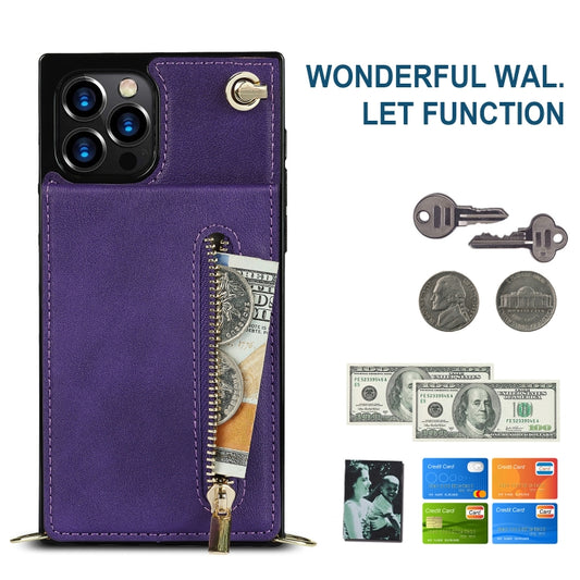 For iPhone 14 Plus Cross-body Zipper Square Phone Case with Holder (Purple) - iPhone 14 Plus Cases by buy2fix | Online Shopping UK | buy2fix