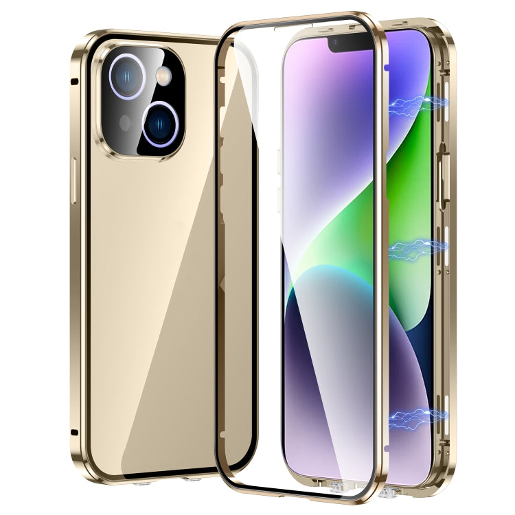 For iPhone 14 Magnetic Double-buckle HD Tempered Glass Phone Case (Gold) - iPhone 14 Cases by buy2fix | Online Shopping UK | buy2fix