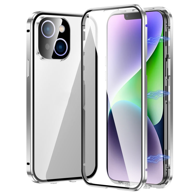 For iPhone 14 Magnetic Double-buckle HD Tempered Glass Phone Case (Silver) - iPhone 14 Cases by buy2fix | Online Shopping UK | buy2fix