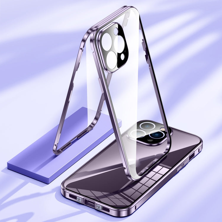 For iPhone 14 Magnetic Double-buckle HD Tempered Glass Phone Case (Purple) - iPhone 14 Cases by buy2fix | Online Shopping UK | buy2fix