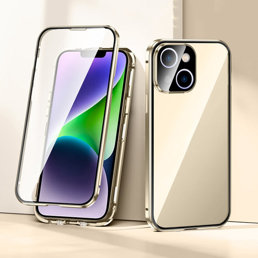 For iPhone 14 Plus Magnetic Double-buckle HD Tempered Glass Phone Case (Gold) - iPhone 14 Plus Cases by buy2fix | Online Shopping UK | buy2fix