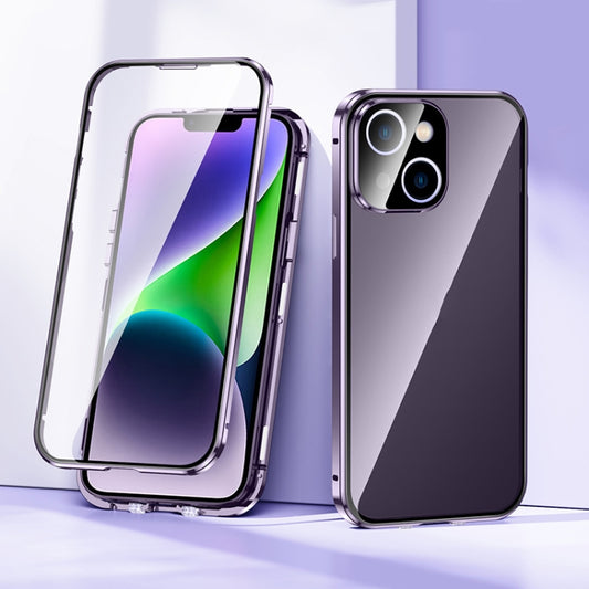 For iPhone 14 Plus Magnetic Double-buckle HD Tempered Glass Phone Case (Purple) - iPhone 14 Plus Cases by buy2fix | Online Shopping UK | buy2fix