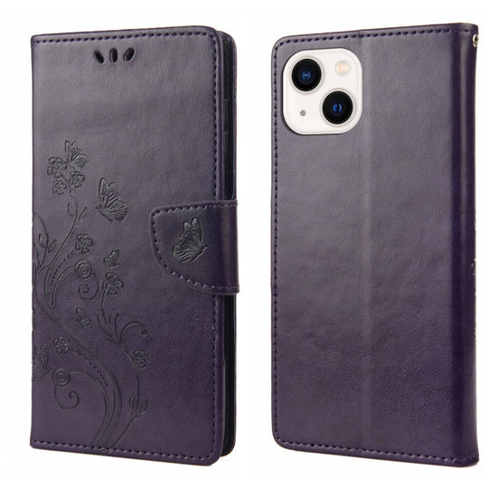 For iPhone 14 Plus Butterfly Flower Pattern Flip Leather Phone Case (Deep Purple)
