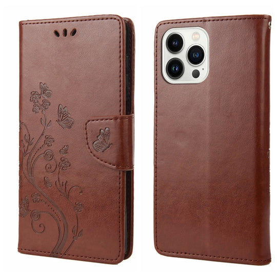 For iPhone 14 Pro Butterfly Flower Pattern Flip Leather Phone Case(Brown)