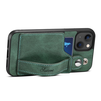 For iPhone 14 Plus Suteni 215 Wrist Strap PU Phone Case(Green) - iPhone 14 Plus Cases by Suteni | Online Shopping UK | buy2fix