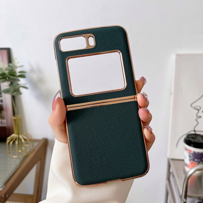 For Motorola Moto Razr 2022 Genuine Leather Luolai Series Nano Plating Phone Case(Dark Green) - Motorola Cases by buy2fix | Online Shopping UK | buy2fix