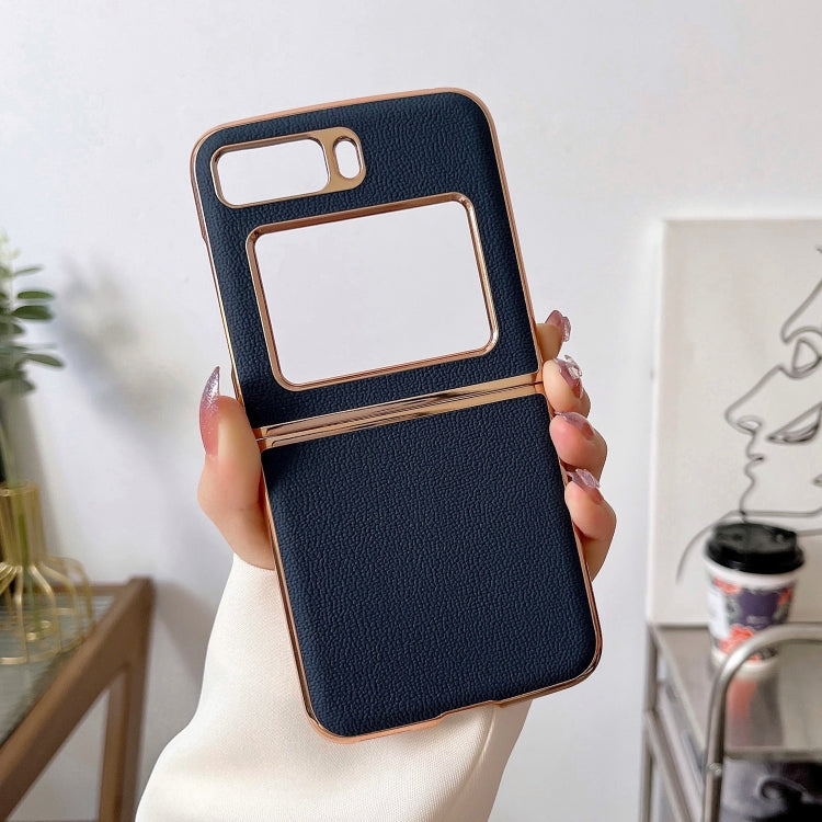 For Motorola Moto Razr 2022 Genuine Leather Luolai Series Nano Plating Phone Case(Dark Blue) - Motorola Cases by buy2fix | Online Shopping UK | buy2fix