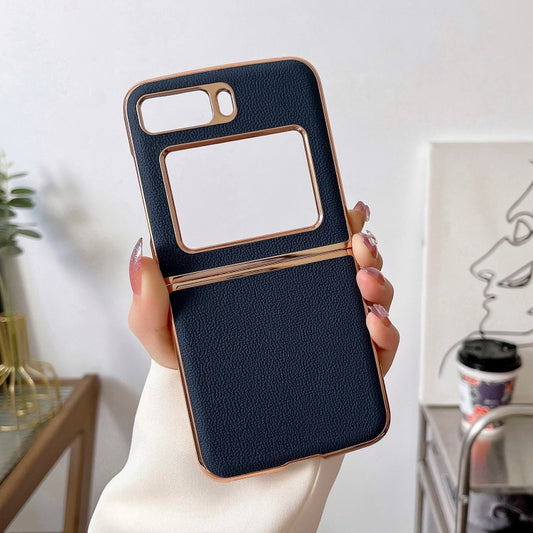 For Motorola Moto Razr 2022 Genuine Leather Luolai Series Nano Plating Phone Case(Dark Blue) - Motorola Cases by buy2fix | Online Shopping UK | buy2fix