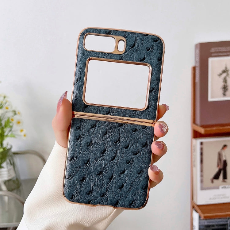 For Motorola Moto Razr 2022 Genuine Leather Ostrich Texture Nano Plating Phone Case(Blue) - Motorola Cases by buy2fix | Online Shopping UK | buy2fix