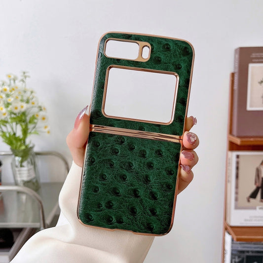 For Motorola Moto Razr 2022 Genuine Leather Ostrich Texture Nano Plating Phone Case(Green) - Motorola Cases by buy2fix | Online Shopping UK | buy2fix