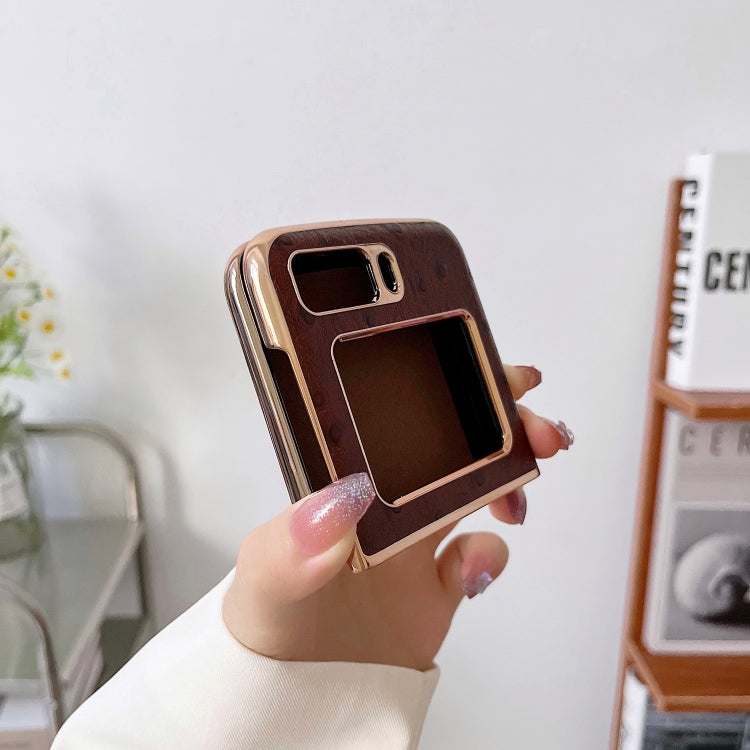 For Motorola Moto Razr 2022 Genuine Leather Ostrich Texture Nano Plating Phone Case(Coffee) by buy2fix
