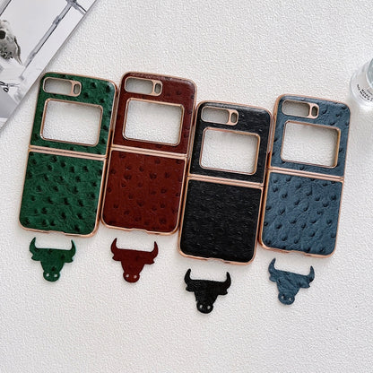 For Motorola Moto Razr 2022 Genuine Leather Ostrich Texture Nano Plating Phone Case(Black) - Motorola Cases by buy2fix | Online Shopping UK | buy2fix