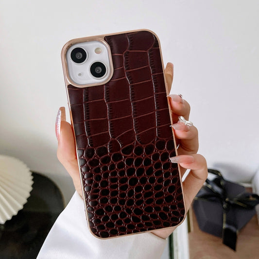 For iPhone 14 Pro Max Crocodile Texture Genuine Leather Nano Electroplating Phone Case(Coffee) - iPhone 14 Pro Max Cases by buy2fix | Online Shopping UK | buy2fix