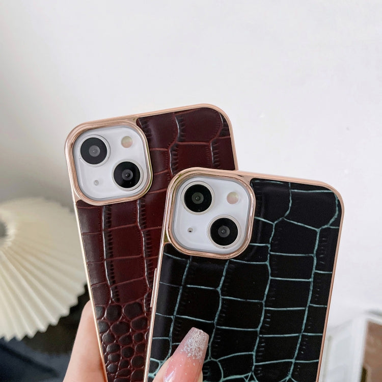 For iPhone 14 Pro Max Crocodile Texture Genuine Leather Nano Electroplating Phone Case(Coffee) - iPhone 14 Pro Max Cases by buy2fix | Online Shopping UK | buy2fix