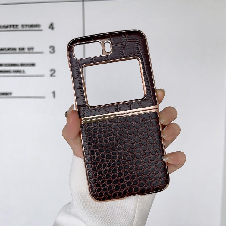 For Motorola Moto Razr 2022 Crocodile Texture Genuine Leather Nano Electroplating Phone Case(Coffee) - Motorola Cases by buy2fix | Online Shopping UK | buy2fix