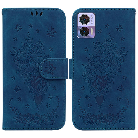 For Motorola Edge 30 Neo / Edge 30 Lite Butterfly Rose Embossed Leather Phone Case(Blue)