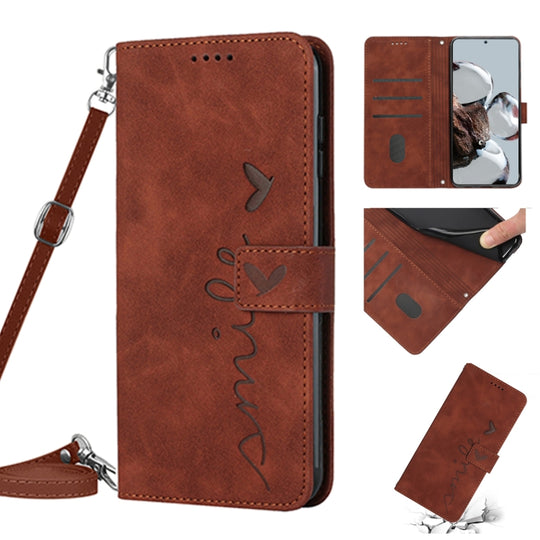 For Xiaomi Redmi A1 Skin Feel Heart Pattern Leather Phone Case with Lanyard(Brown)